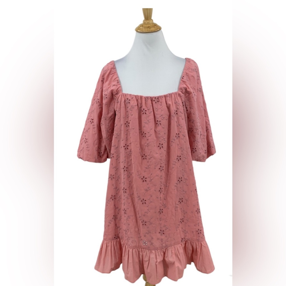 Zara Broderie Anglaise Ruffle Mini Dress Womens L Pink Embroidered Puffed
